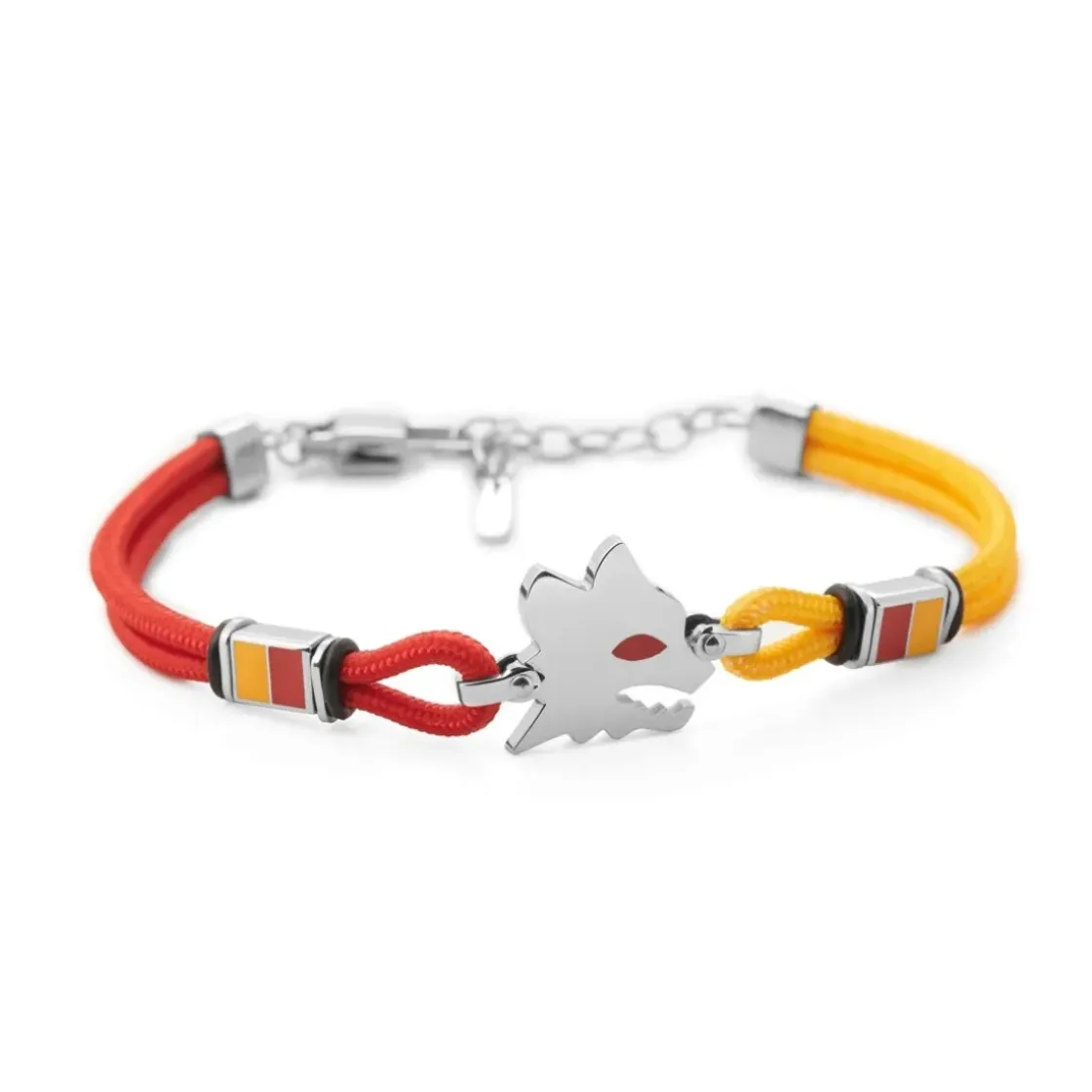 New Bracelet with central plaque Lupetto in hypoallergenic steel and adjustable fabric cord red and yellow Jewellery